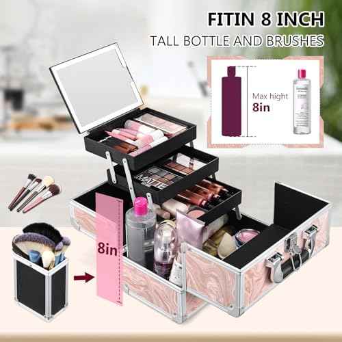Faquenc Travel Makeup Case with LED Lighted Mirror - 11.6" Portable Makeup Organizer Box, Cosmetic Train Case with Detachable Brush Holder - Fluid Pink