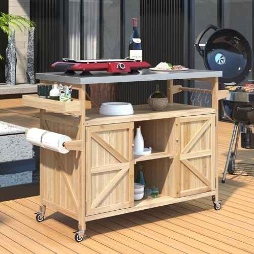50.25" Kitchen Island Rolling Bar Cart & Storage Cabinet, Farmhouse Solid Wood Outdoor Grill Table with Stainless Steel Top and Spice, Towel Rack for BBQ,Natural