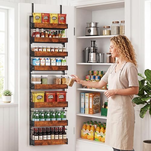 Over The Door Pantry Organizer, 8 Tier Spice Rack with Adjustable Wooden Basket, 2 IN 1 Wall Mount or Hanging Seasoning Organizer, Heavy-Duty Pantry Door Storage Shelf for Kitchen, Laundry Room
