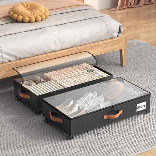 Under Bed Storage Containers with Wheels Large Underbed Shoes Blankets Clothes Toy Storage Drawers for College Dorms Bedrooms Nursery Rooms Organization (Black 2 Pack, 6.6in height(30.3"x15.7"x6.6"))