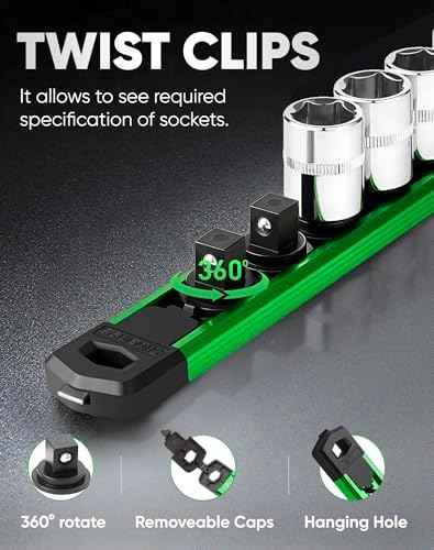 ALOANES Magnetic Socket Organizer, 3/8" Rail 14 Clips (Green, 1PC)