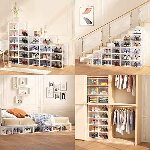 12 Pack Large Stackable Clear Plastic Shoe Storage Boxes Organizer, White