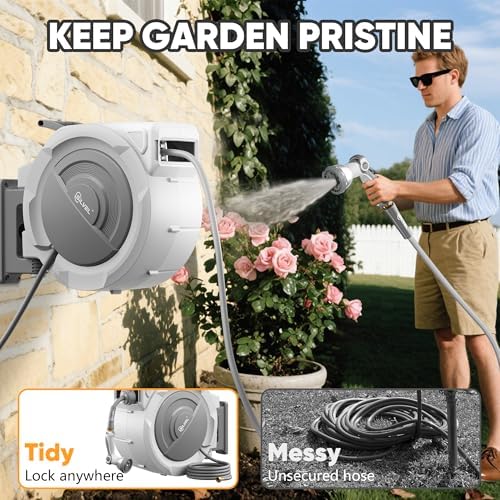 SILVEL Retractable Garden Hose Reel – 5/8 in x 75FT Heavy Duty Automatic Hose Reel Wall Mounted, Upgraded UV Resistant with 10 Pattern Nozzle, Any Length Lock & Slow Return System, 180°Swivel Bracket