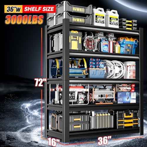 36" W Garage Shelving,5-Tier Heavy Duty Shelving Unit,3000LBS Adjustable Metal Storage Shelves,Storage Rack Units for Industrie,Shed,Warehouse,Basement,Black,35.4" W x 15.7" D x 72" H