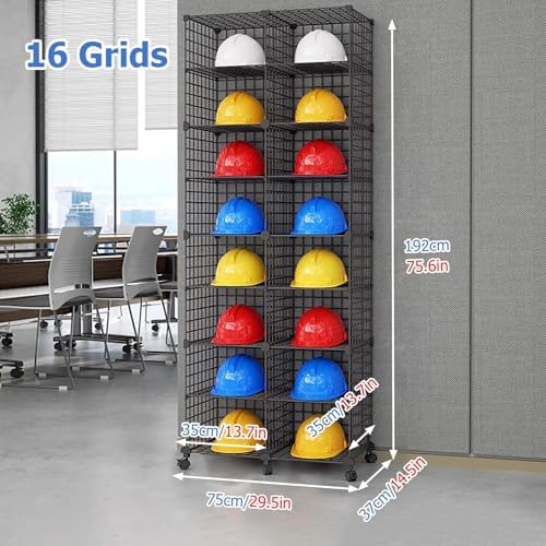 Stackable Safety Helmet Storage Boxes,Large Adjustable Hard Hat Placement Organizer Rack with Wheels,Construction Sites Workshop Retail Store Helmet Display Shelf Black 16 Grids