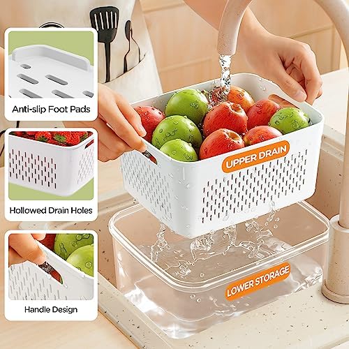 6 PCS Fruit Storage Containers for Fridge with Removable Colanders, 6 Plastic Food Storage Containers with 6 Lids, Leakproof Produce Containers Keep Fruits, Vegetables, Berry, Meat Fresh Longer