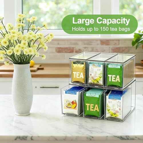 4 Pack Stackable Tea Bag Storage Organizer Drawers – Clear Acrylic Tea Bag Holder for Cabinet, Drawer, Pantry, Countertop – Kitchen Tea Storage Container