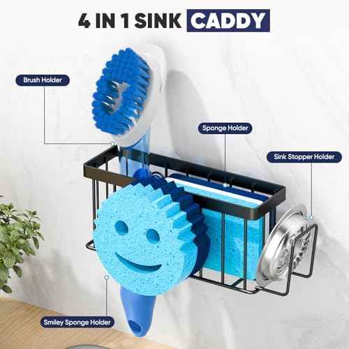 MURLONG Sponge Holder for Kitchen Sink,Sink Caddy Smiley Face,4-in-1 Sponge Holder with Suction Cups & 1 PCS Adhesive Strips for Holding Soap,Brush,Scrubber,Sponge,Stopper-Black