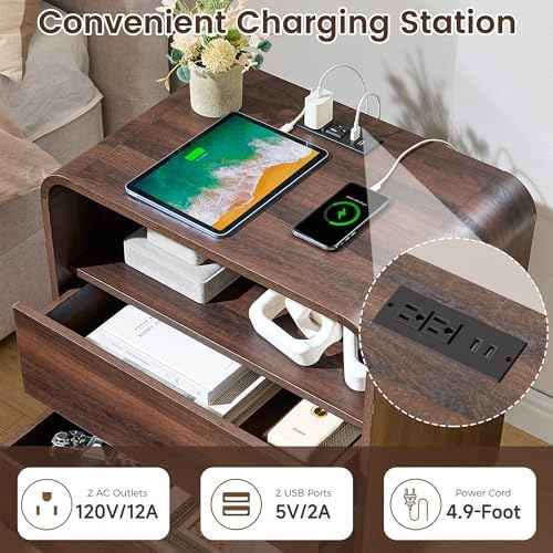 Standifurno Modern Nightstand Set of 2, 23.2" Wide Wood Bedside Table with Charging Station, 2 Storage Drawers Side Table Curved Profile, Handleless, Large End Table Night Stand for Bedroom, Walnut