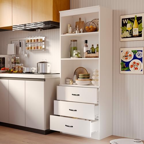70" H Bookshelf with Drawers, Tall Bookcase with 3-Tier Open Shelves, Bookshelf and Bookcase with Storage Cabinet for Home Office,Living Room(White, 6-Tier)