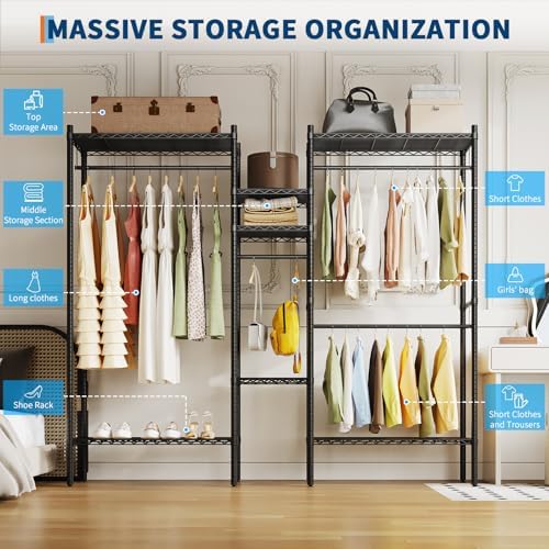 Heavy Duty Clothes Rack, Clothing Racks for Hanging Clothes, Freestanding Garment Racks with Shelves, Adjustable Closet Racks, 73.6" L x 17.3" W x 76.4" H, Max Load 1000LBS, Black