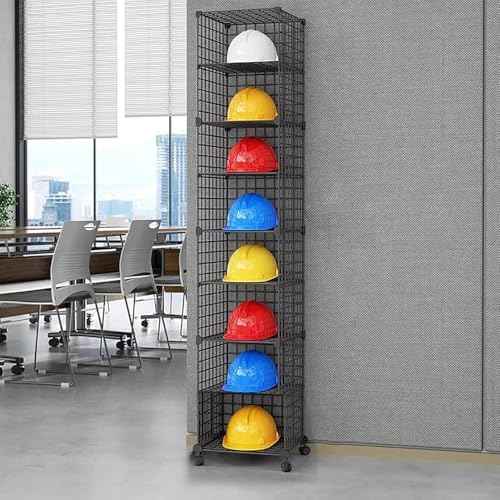Stackable Safety Helmet Storage Box with Wheels, Large Adjustable Hard Hat Organizer Rack, Floor Standing Helmet Display Shelf for Home & Construction, Black 8 Grids