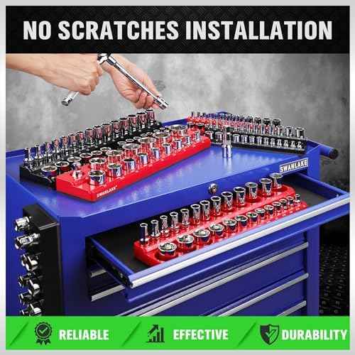 6-piece Magnetic Socket Organizer Set, Metric & SAE Drive Socket Holder, Includes 1/4", 3/8", 1/2", Holds 143 Pieces Magnetic Trays Red Black