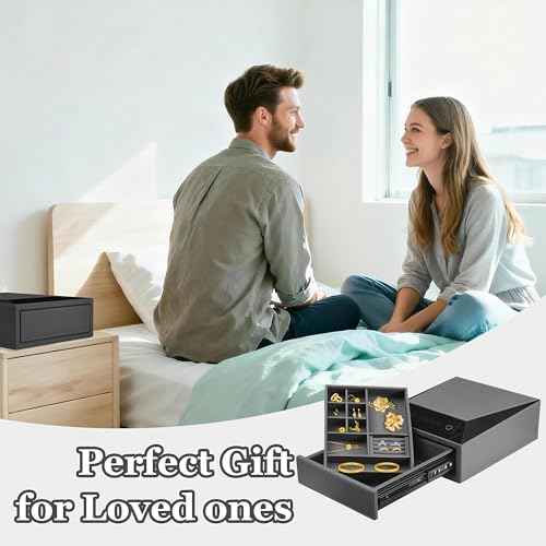 Jewelry Safe with Drawers, Leather Wrapped Biometric Fingerprint Safe, Quick-Access Handgun Safe for Home and Vehicle, Digital Keypad and Slide-Away Drawer 14" × 16.5" (Grey- 1 Drawer)