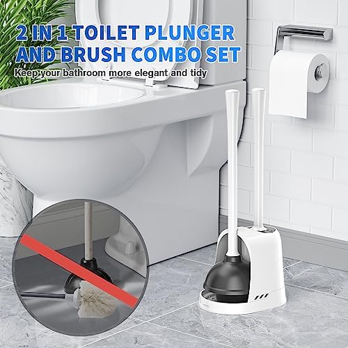 Toilet Plunger and Brush, Silicone Bowl Brush and Heavy Duty Toilet Plunger Set with Ventilated Holder, 2-in-1 Toilet Brush and Plunger Combo for 5.3-inch Bathroom Cleaning (White, 1 Set)