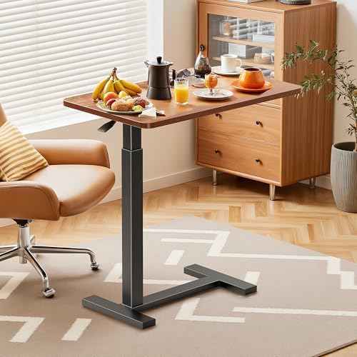 Simple Deluxe Adjustable Overbed Bedside Table with Wheels, Pneumatic Adjustable Hospital & Home Use Bed Table, Rolling Laptop Table, Mobile Standing Desk, Brown
