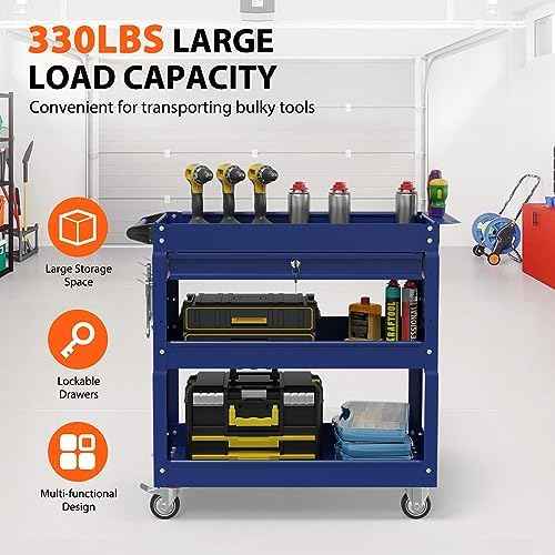 3 Tier Heavy Duty Rolling Tool Cart with Drawers, Large Storage Utility Cart on Wheels for Garage, Warehouse, Repair Shop (Deep Blue)