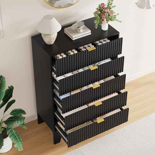 5 Drawer Dresser for Bedroom, 47" Tall Fluted Chest of Drawers, Black