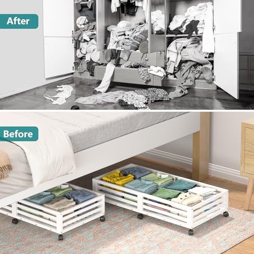 Wisuce 2 Packs Bamboo Under Bed Storage Organizer with Wheels White Large