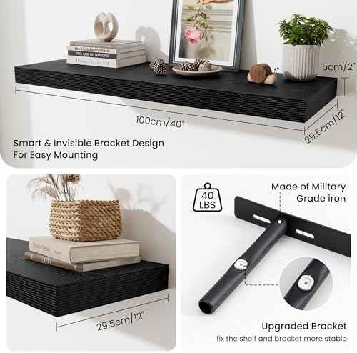 Fun Memories Floating Shelves for Wall, 40 Inch Floating Shelf for Home Decor, Wall Mounted Rustic Wood Shelves 12 Inch Deep, Hanging Deep Shelf for Bedroom, Living Room, Kitchen, Black, Set of 2