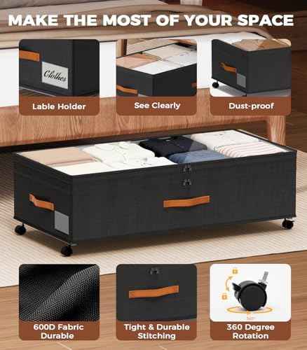 Under Bed Storage with Wheels, 35.5 inches Underbed Storage Large Capacity Under Bed Rolling Containers, 2 Pack Under the Bed Storage for Clothes, Shoes, Blankets (Deep Black)
