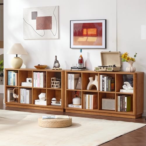 Joaxswe 8 Cube Storage Book Shelf, 52" Long Horizontal Bookshelf with Curved Edge, Floor Standing Wooden Cubby Bookcase with Base, Modern Low Console Book Case, TV Stand for Living Room, Brown
