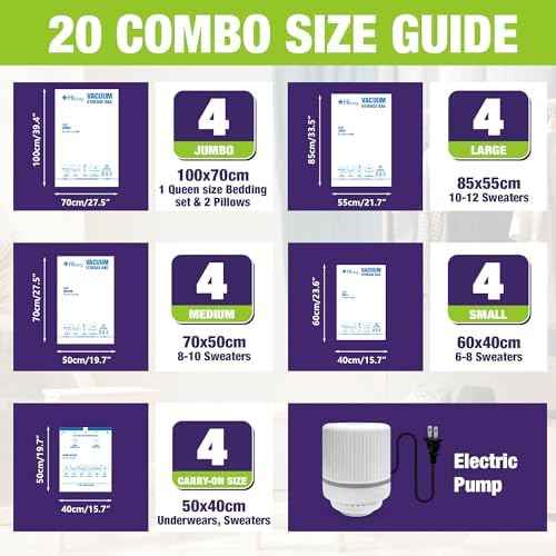 HIBAG Vacuum Storage Bags with Electric Pump, Vacuum Seal Bags for Clothing, Pillows, Blanket Bedding Comforters, 20 pack