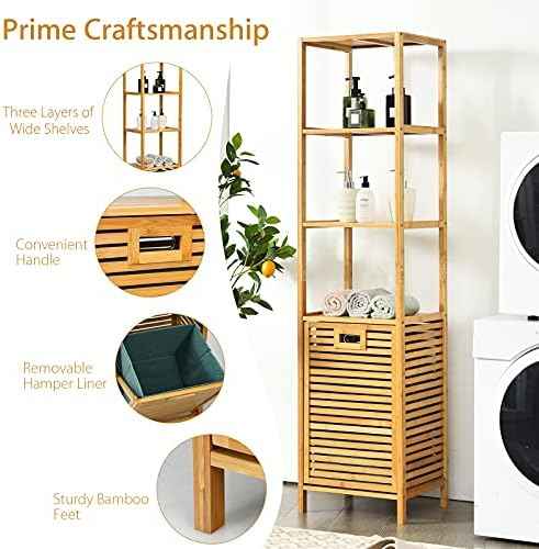 4 Tier Bamboo Shelves with Tilt Out Laundry Hamper, Freestanding Storage Shelf with Laundry Basket, Tower Hamper Organizer for Laundry Room, Bathroom, Bedroom, Natural