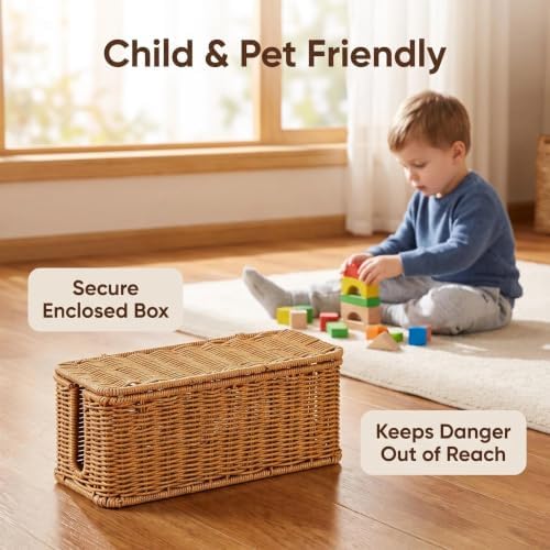 Cable Management Box Handwoven Faux Rattan Cord Basket with Lid (Rectangle)