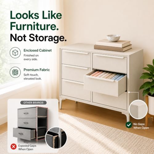 tinge Naima 6-Drawer Premium Fabric Dresser for Bedroom with Waterproof Fabric Exterior, Reinforced Metal Inner Frame (Beige/Off White)