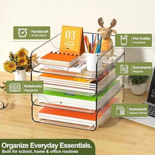 FANXIYQ 4-Tier Acrylic Paper Tray Organizer, Clear Stackable Desk File Organizer for Documents, Files, Letters, A4 Paper, Books, Notes, Mail & Paper Storage, Office Classroom Home