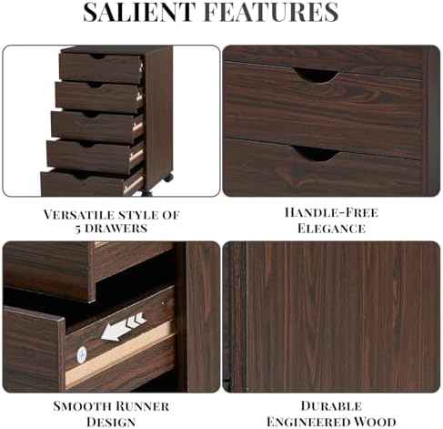 Naomi Home Taylor Storage Cabinet with 5 Drawers, Rolling Organizer Cabinet with Lockable Wheels, Handle-Free Design & Spacious Top Surface, Storage Unit for Home & Office - Espresso
