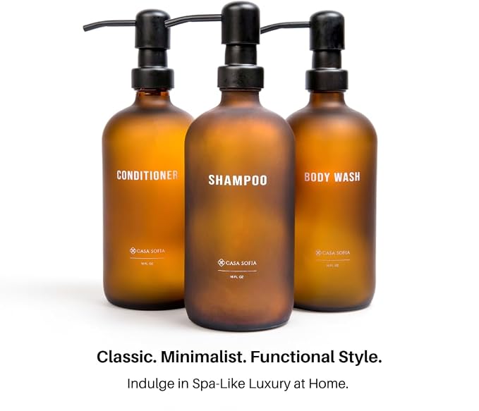 Frosted Amber Glass Shampoo and Conditioner Dispenser Set – Refillable 16 OZ - Image 7