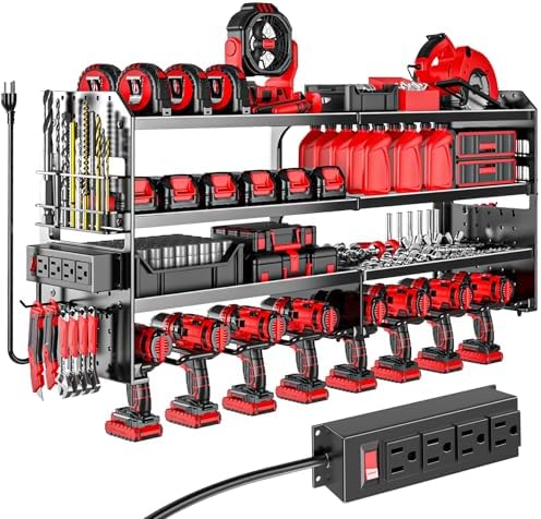 Large Power Tool Organizer Wall Mount with Charging Station, 4 Layer Heavy Duty Metal Cordless Tool Organizer, Tool Storage Rack with 8 Cordless Drill Holder Screwdriver Hammer(Black)