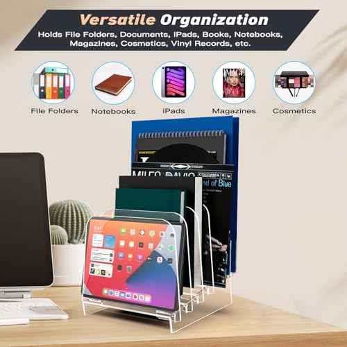 File Holder File Sorter, Vertical File Organizer for Desk, Desk Top File Folder Organizer Stand, Acrylic File Rack File Folder Holder, 5 Sections Clear File Stand for Office, School, Home