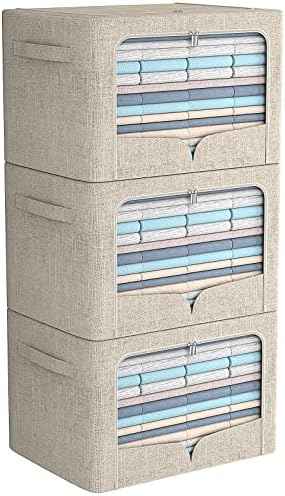 FHSQX 3 Pack Clothes Storage Bins - Foldable Metal Frame Storage Box - Stackable Linen Fabric Container Organizer Set with Carrying Handles and Clear Window (Beige, 15.7x11.8x7.8inch(22L))