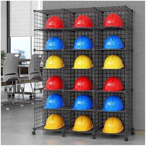 Stackable Safety Helmet Storage Boxes Large Adjustable Hard Hat Placement Rack with Wheels for Construction Site/Workshop/Factory - Multifunctional Safety Helmet/Helmet Display Shelf (3 * 6)
