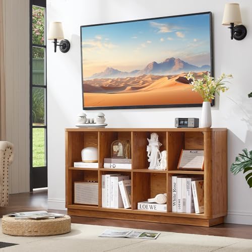 Joaxswe 8 Cube Storage Book Shelf, 52" Long Horizontal Bookshelf with Curved Edge, Floor Standing Wooden Cubby Bookcase with Base, Modern Low Console Book Case, TV Stand for Living Room, Brown