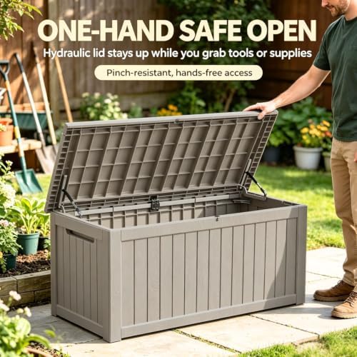 200 Gallon Outdoor Storage Box, Large Storage Deck Box for Patio Furniture Accessories, Garden Tools, Indoor Storage for Cushion, Black, Grey