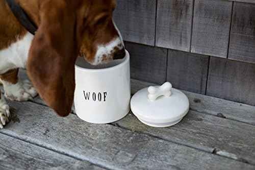 Creative Co-Op Ceramic Dog Treat Jar with Woof Message and Bone Handle