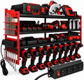 Power Tool Organizer Wall Mount, 600lbs Garage Storage Rack with Charging Station, 4 Layers Heavy Duty Battery Utility Rack With 4 Outlet Power Strip, 8 Cordless Drill Holder