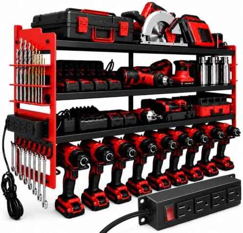 Power Tool Organizer Wall Mount, 600lbs Garage Storage Rack with Charging Station, 4 Layers Heavy Duty Battery Utility Rack With 4 Outlet Power Strip, 8 Cordless Drill Holder