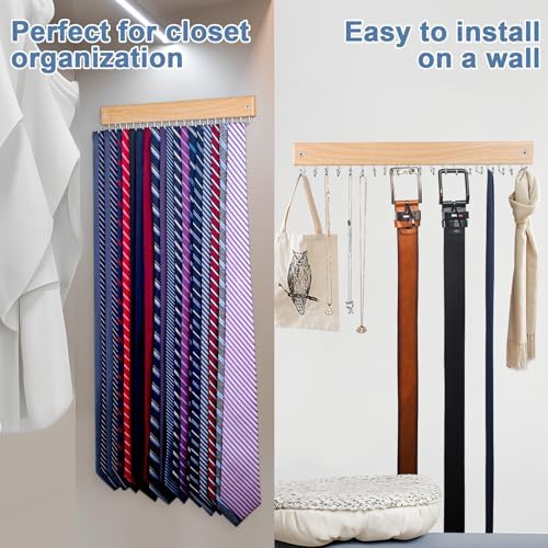 Belt and Tie Organizer for Closet, Tie and Belt Rack Wall Mounted with 20 Storage Hooks, Non Slip 180 Degree Rotating Tie Holder Belt Hanger for Closet/Wall Mount