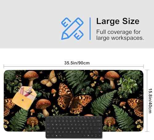 Vintage Butterfly Mushroom Mouse Pad – Large Extended Desk Mat 35.43 x