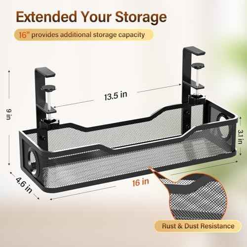 Under Desk Cable Management Large, Cinati 16" Cable Management Box for Table Thickness up to 3", Wire Cord Organizer with Clamp No Drill, No Damage to Desk (Black)