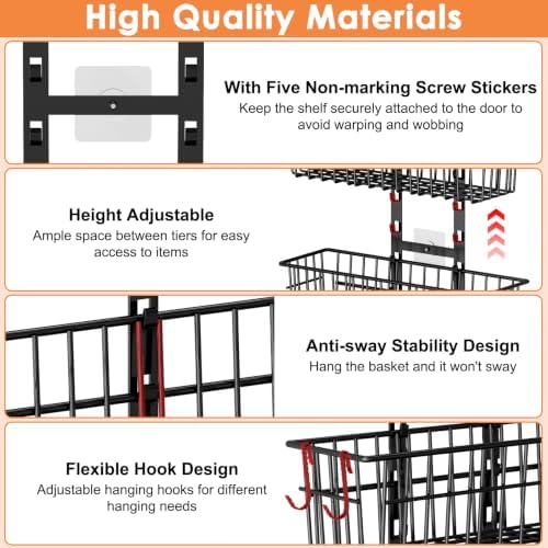 Hongtamoya Over The Door Organizer, Adjustable Hanging Door Organizer with 6 Wire Baskets 5 Hooks, Metal Behind The Door Storage for Pantry Closet Bedroom Bathroom Cabinet Kitchen Laundry Room, Black