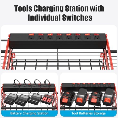 CCCEI Red Power Tool Organizer Wall Mount, Large Tools and Battery Storage Rack Charging Station Individual Switches. Drills Holder, Garage Utility Shelves with 6FT Power Strip. Gift for Men.