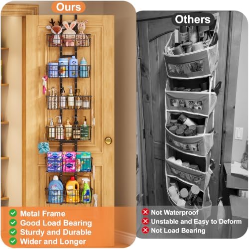 Hongtamoya Over The Door Organizer, Adjustable Hanging Door Organizer with 6 Wire Baskets 5 Hooks, Metal Behind The Door Storage for Pantry Closet Bedroom Bathroom Cabinet Kitchen Laundry Room, Black