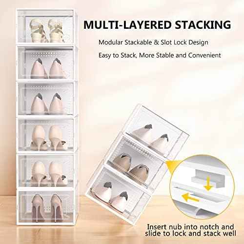 12 Pack Large Stackable Clear Plastic Shoe Storage Boxes Organizer, White