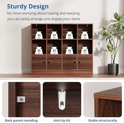 Cozy Castle Brown Wood Bookcase, 12 Cube Display Shelf with 4 Doors